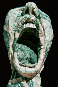 Currency Paper Mache Face Sculpture Screaming Mouth Stacked with Plain White Paper Head