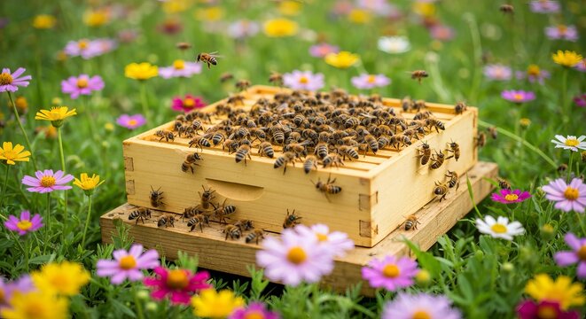 Wooden Beehive Surrounded by Blooming Wildflowers in a Sunny Meadow Full of Active Honey Bees.