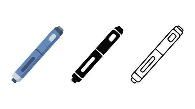 Medical insulin injection pen device flat style icon set for diabetes treatment therapy.