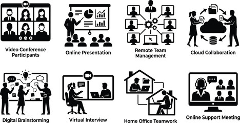 Fototapeta premium Remote work and online collaboration icon set featuring video conference, virtual interview, and team management.