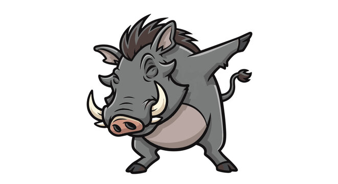 Cartoon warthog illustration isolated on white background performing a dabbing dance move with outstretched arms, prominent tusks, dark mane, and expressive facial features.