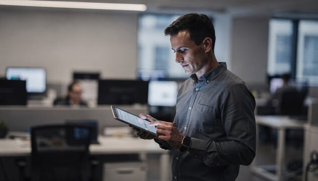 Medium shot showing a distributor reviewing a list of trailer versions on a tablet with a softly blurred office scene spotlight on detailed content delivery.