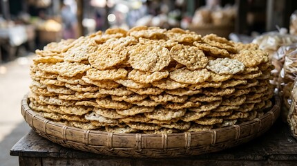 Obraz premium Stack of traditional crispy golden crackers in a woven basket
