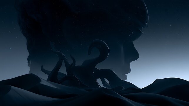 Prompt: A psychological conceptual shot of suppressions. A crisp silhouette profile is double-exposed with a dark landscape of smooth, rolling black sand dunes blending seamlessly into a starry 