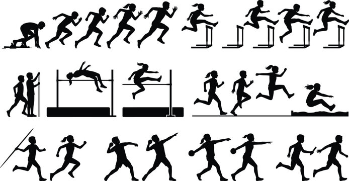 Kids athletics silhouettes set featuring children running, jumping hurdles, high jump, and throwing sports