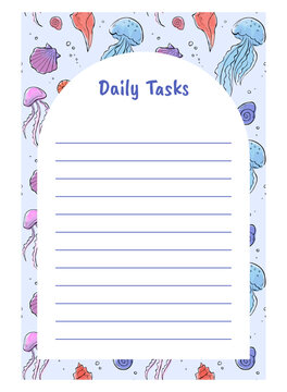 Vector daily tasks template with handdrawn jellyfish and seashells pattern on background. Stylish oceanic planner layout, to-do list design for print stationery, digital planners, bullet journals.