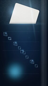 Abstract digital interface with a pristine white card sliding into a secure dark blue slot and geometric data streaming