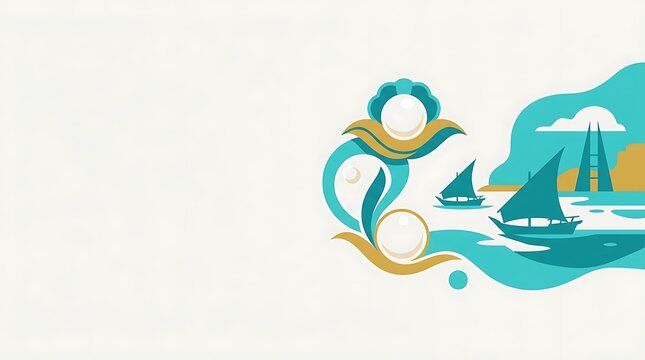 Pearl shell with dhow boats and ocean waves in flat design