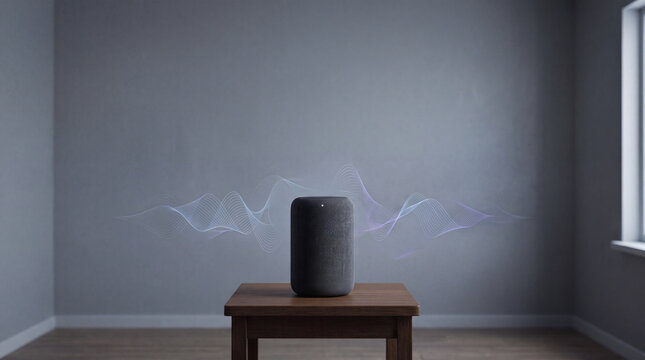 Smart speaker recording sound waves in room illustrating data privacy concerns and audio surveillance
