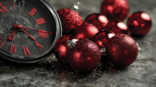 Antique clock face with red baubles during Christmas eve celebration concept