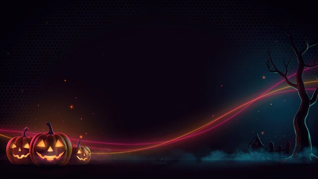 Atmospheric Halloween scene featuring glowing carved pumpkins, a sinister tree, and dynamic flowing light trails