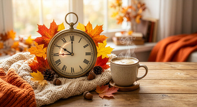 Classic analog clock with hands moving back one hour surrounded by autumn maple leaves, warm knitted blanket, steaming coffee mug. Cozy fall atmosphere, concept of extra hour of sleep