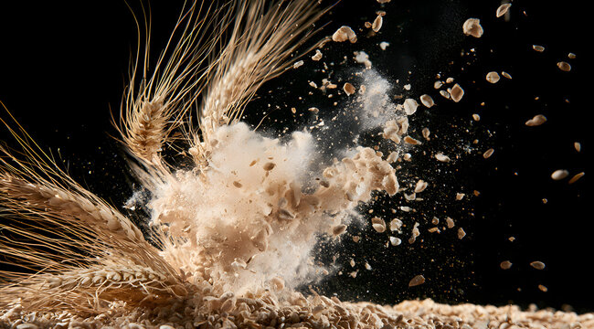 Explosion of wheat ears and seeds