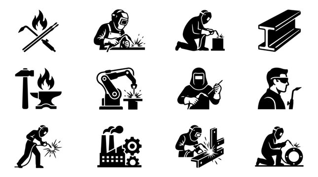 Welder and Metal Fabrication Vector Icon Set, Blacksmith Forge Industrial Worker Torch Sparks Collection Isolated on White Background for Steel Factory Manufacturing Repair Service Brand Logo