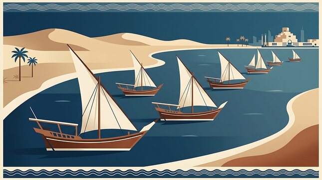 Traditional dhow sailing boats navigating coastal desert waters