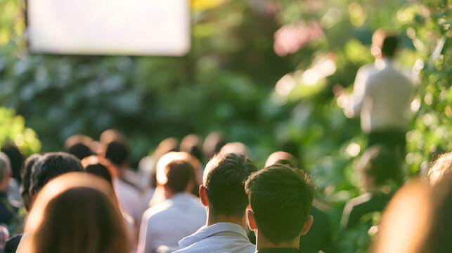 The engaging speaker is presenting in a lush green environment with the audience focused on the screen in a vibrant and inspiring atmosphere. This outdoor speaker concept also includes event photograp