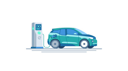 Naklejka premium Electric car charging station, modern EV vehicle plugged in, clean energy concept