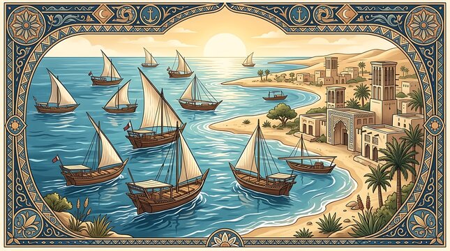 Sailing dhows near a traditional coastal village at sunset