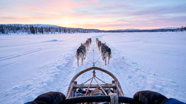 First person view of a dog sled team pulling a wooden sled across snowy landscape