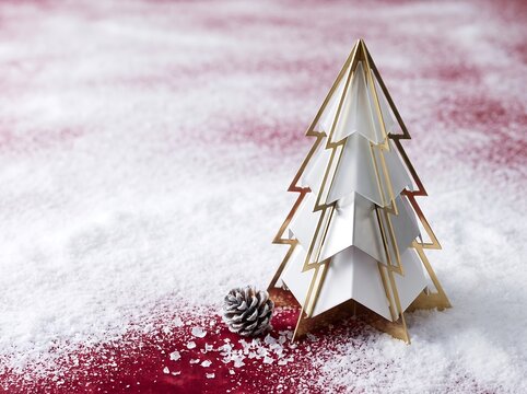 Premium Minimalist Christmas Tree on White Snow with Red Background, Luxury Winter Holiday Advertising Background with Copy Space