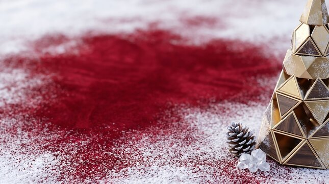 Premium Minimalist Christmas Tree on White Snow with Red Background, Luxury Winter Holiday Advertising Background with Copy Space