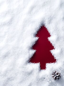 Premium Minimalist Christmas Tree on White Snow with Red Background, Luxury Winter Holiday Advertising Background with Copy Space