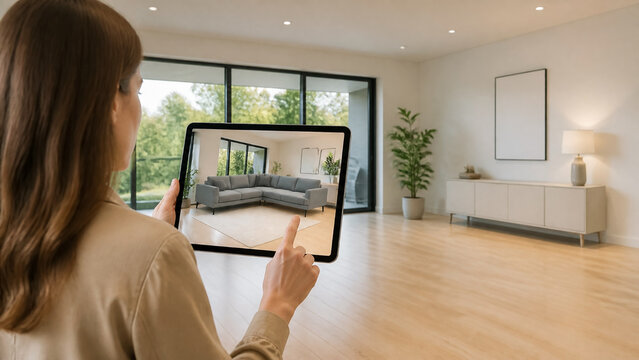 Woman using augmented reality tablet app to visualize new furniture layout in empty modern living room, innovative interior design concept, realistic digital home staging, lifestyle technology