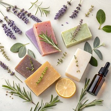 Handmade soaps with lavender and rosemary arranged with lemon slice and essential oil dropper
