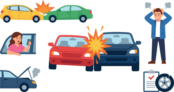 Car Accident Vector Set Featuring Vehicle Collisions Angry Driver Distracted Driving Smoke Flat Tire and Insurance Claim Report Icons for Road Safety Layouts