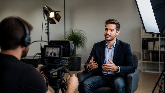 Professional Businessman Being Interviewed on Camera in a Studio Setting, Concept of Corporate Media Production, Expert Opinion, Leadership Communication, and Professional Video Content Creation