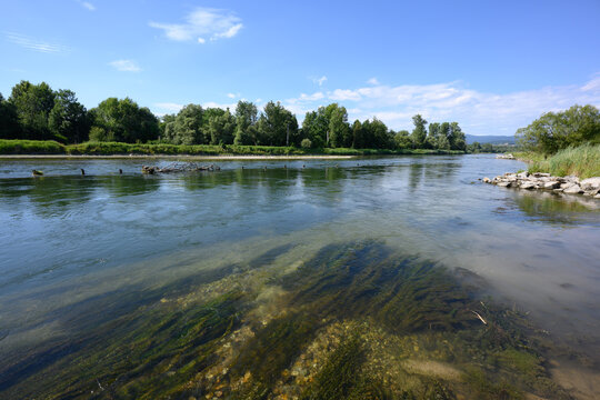 Ein Fluss flie&szlig;t durch eine gr&uuml;ne Landschaft mit B&auml;umen und klarem Himmel