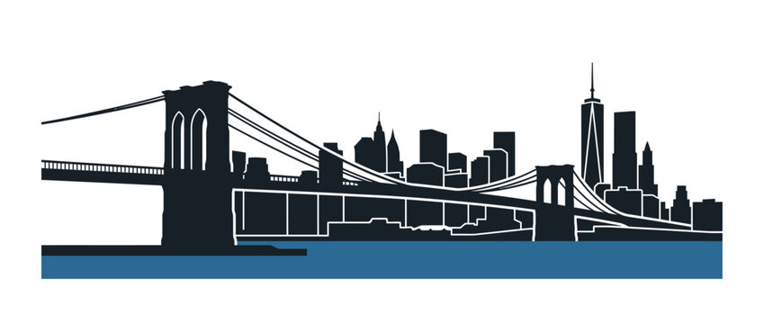 New York City Skyline Silhouette with Brooklyn Bridge and One World Trade Center