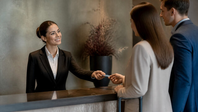 Friendly hotel receptionist handing a key card to a couple checking in at a luxury modern lobby, representing professional customer service, hospitality, travel assistance, and efficient check-in