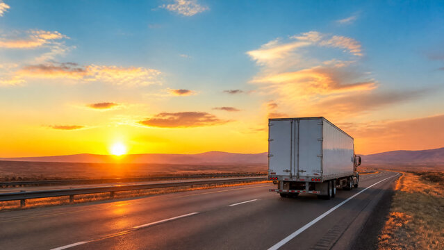 A semi-truck with a white trailer driving on a long highway towards the horizon during a vibrant sunset, symbolizing logistics, transportation, supply chain, and global trade in a peaceful