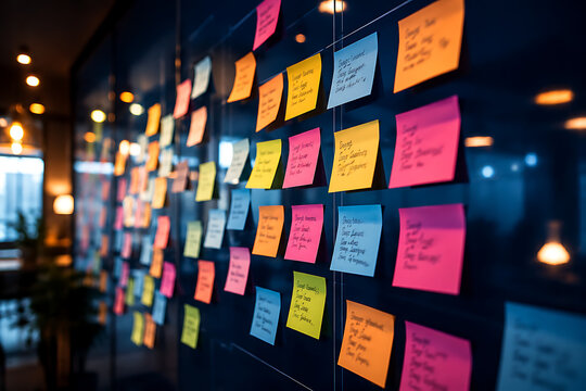 Creative brainstorming notes displayed on glass wall in modern office workspace for agile planning innovation strategy teamwork and collaborative project management workflow process