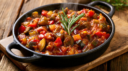 Fototapeta premium A steaming hot plate of French ratatouille sizzled in a cast iron pan on a rustic wooden table