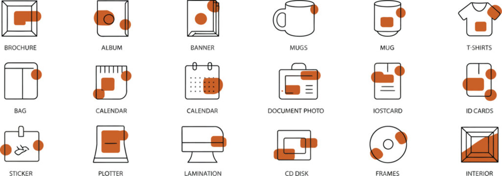 Photo printing line icon set featuring brochures banners mugs plotters printed products branding and professional polygraphy services
