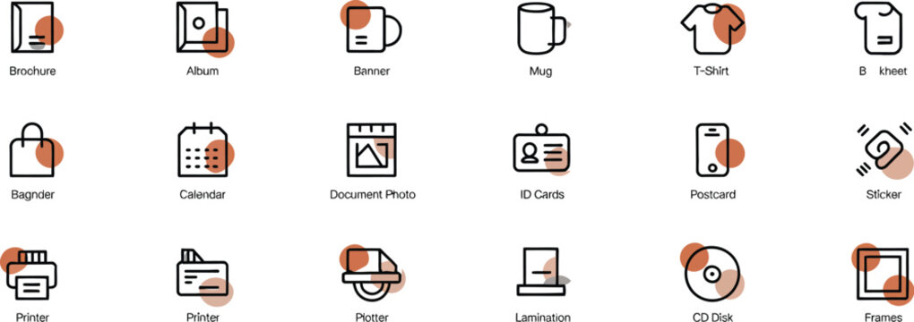 Photo printing line icon set featuring brochures banners mugs plotters printed products branding and professional polygraphy services