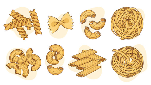 Diverse collection of pasta illustrations featuring various shapes like fusilli, farfalle, macaroni, and tagliatelle, presented in both colored and line art styles, ideal for Italian cuisine themes.