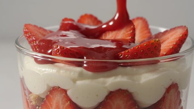 A traditional Brazilian pave dessert served in a glass cup against a clean neutral background. Features clear layers of rich white cream, crushed biscuits, and fresh strawberry slices with glossy red 