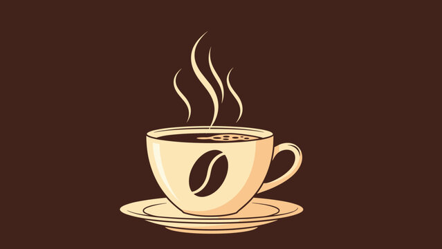Inviting illustration of a steaming hot cup of coffee, elegantly designed with a prominent coffee bean logo on the mug, resting on a saucer, set against a rich brown background.