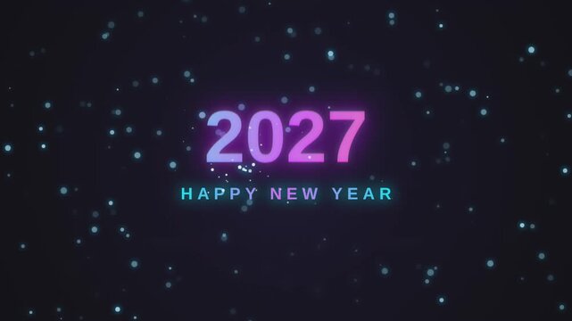 Happy new year 2027 greeting card with glowing purple and blue neon numbers moving on a dark background with floating bokeh light particles.