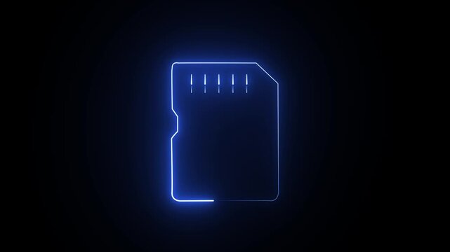 Glowing neon blue sd memory card icon on a dark background
