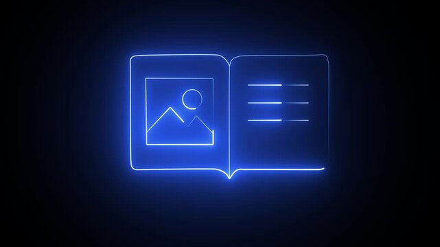 Glowing blue neon book icon with a picture and text lines on a dark background