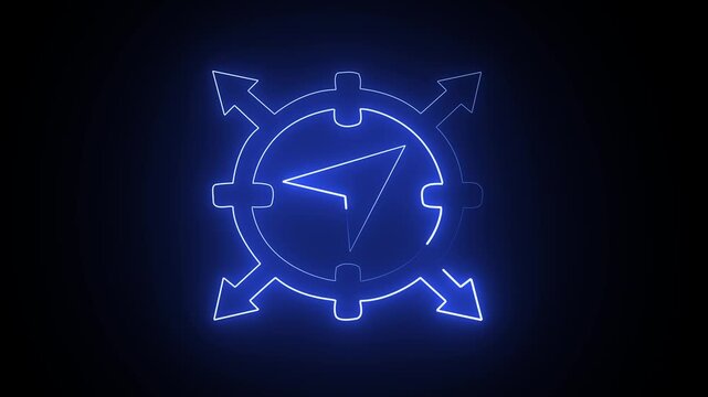 Neon blue navigation arrow icon with four directional arrows in a circle