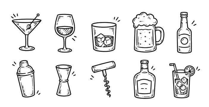 Set Ikon Doodle Bar Gambar Tangan, Minuman Koktail, Bir, Anggur, Wiski, Peralatan Bartender Terisolasi di Latar Belakang Putih