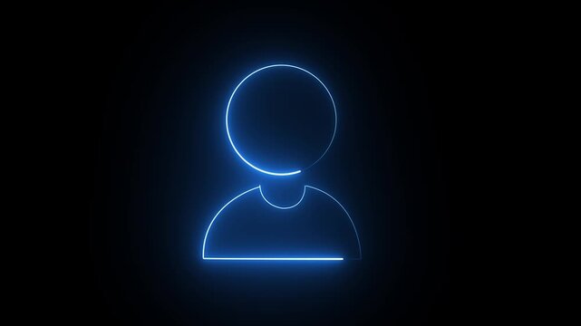 Glowing blue neon user profile icon symbol on a dark black background