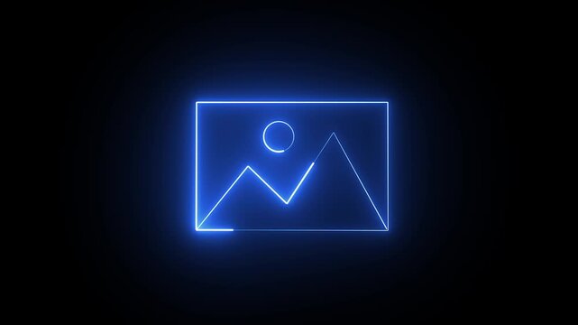 Glowing blue neon picture icon with mountain and sun landscape shape on dark black background