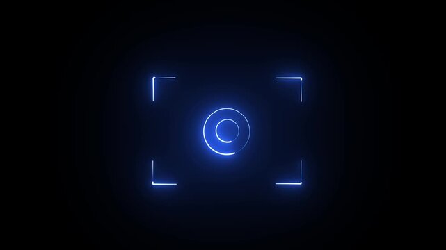 Glowing blue camera focus frame with circular center point on a dark black background

