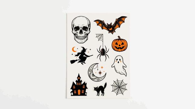 A collection of Halloween-themed temporary tattoos is displayed on a light gray surface, featuring classic spooky symbols.